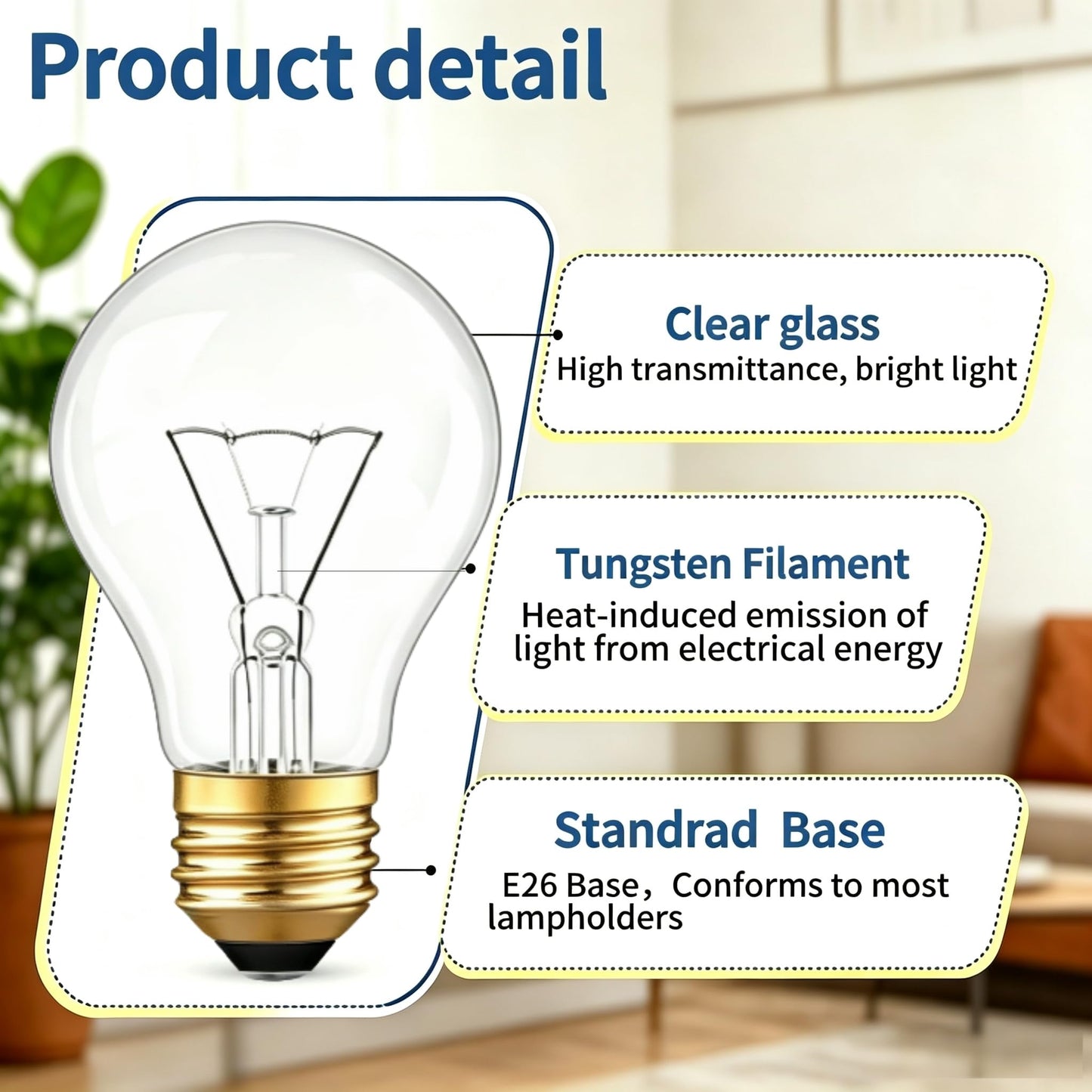 IWOPAN 60 Watt Incandescent Light Bulbs, Dimmable, A19, E26 Base, 6 Pack
