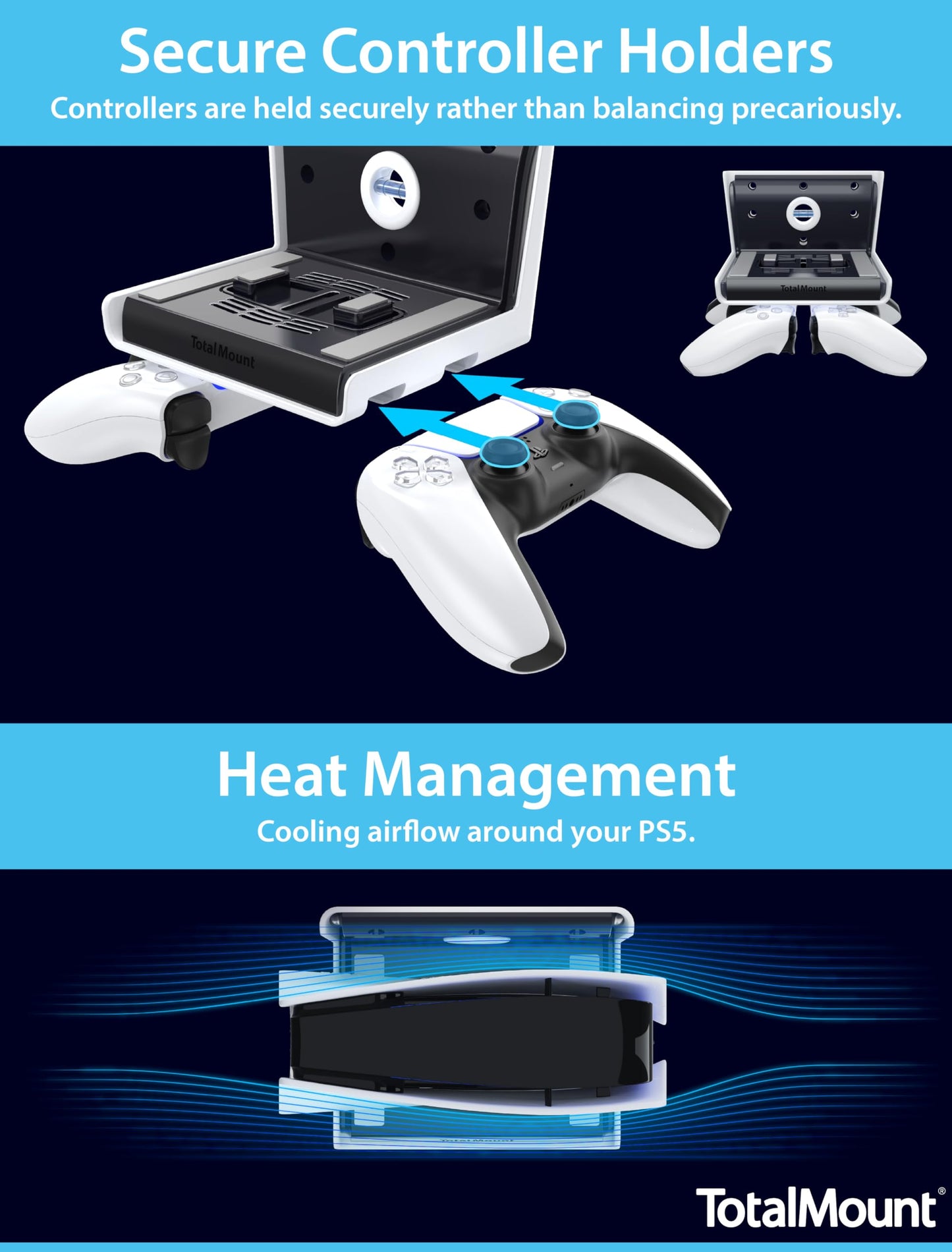 TotalMount Wall Mount for All PS5 Models - Bonus: Holds Two Controllers (Compatible with All PS5 Models Including Slim, Pro, and Original)