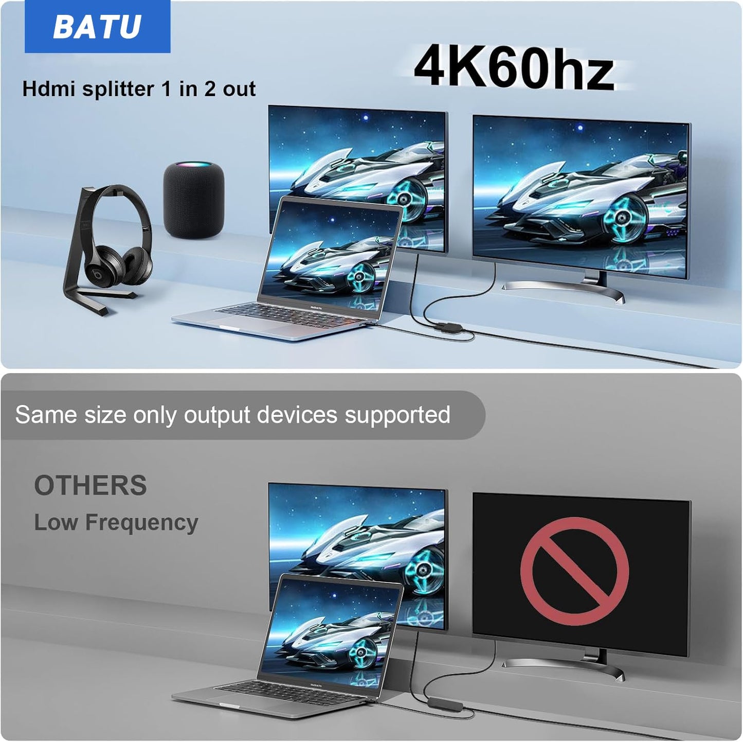 BATU 4k 60hz HDMI Splitter 1 in 2 Out HDMI Cable Male to Dual Female HDMI 2.0 with Power USB Cable for HDMI HD, LED, LCD, TV Dual Monitors