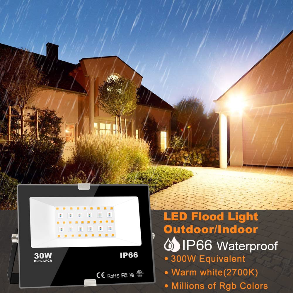 MELPO 30W Led Flood Light Outdoor 300W Equivalent, Color Changing RGB Lights with Remote, 120 RGB Colors, Warm White 2700K, Timing, Custom Mode