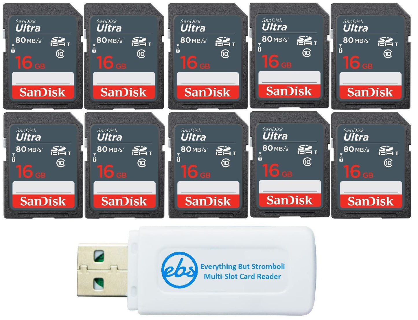 SanDisk 16 GB Class 10 SD HC Ultra Flash Memory Card (10 Pack) (SDSDUNS-016G-GN3IN) Class 10 UHS-I Bundle with (1) Everything But Stromboli MicroSDXC