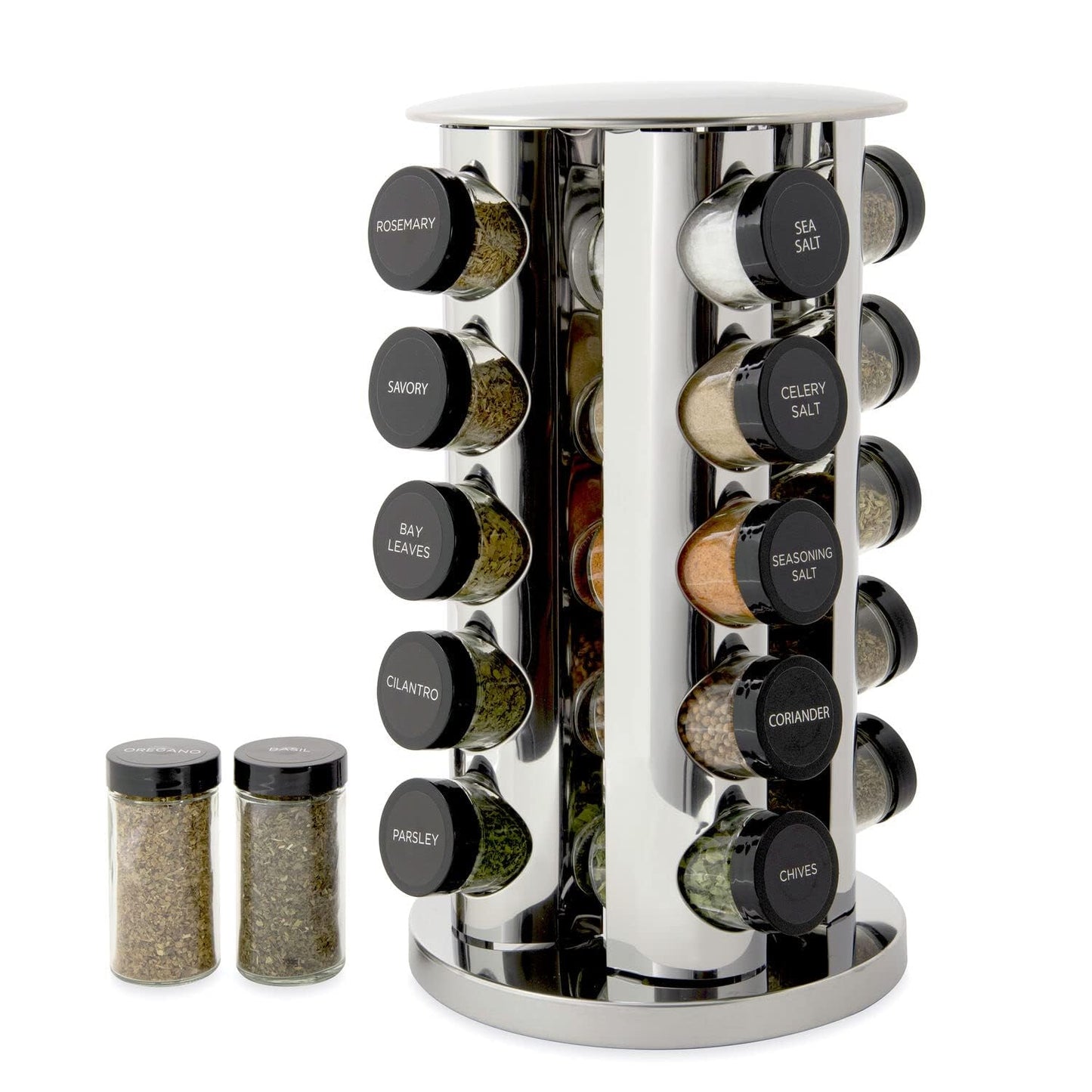 Kamenstein 20 Jar Revolving Countertop Spice Rack with Spices Included, FREE Spice Refills for 5Years, Polished Stainless Steel with Black Caps, 30020