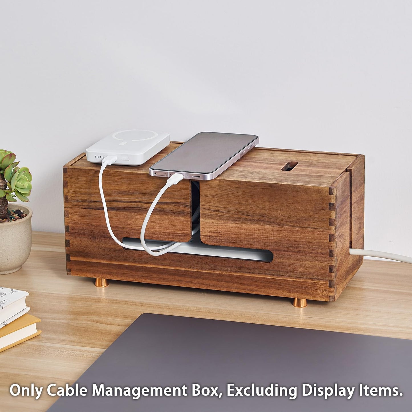 SARUFO Acacia Wood Cable Management Box - Wooden Cord Hider with 4 Metal Feet, Organizer for Desk & Floor, Power Strip TV Wire Concealer, Under Desk