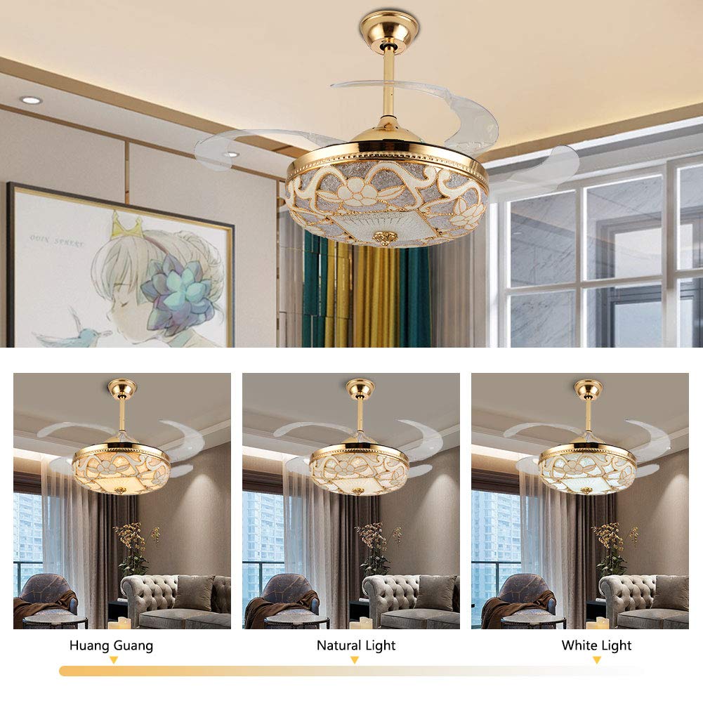 42 Inch Gold Ceiling Fans with Lights and Remote, Modern Floral LED Chandelier Fan Light Kit, 4 Retractable Blades, 3 Color 3 Speed Adjustable, Indoor