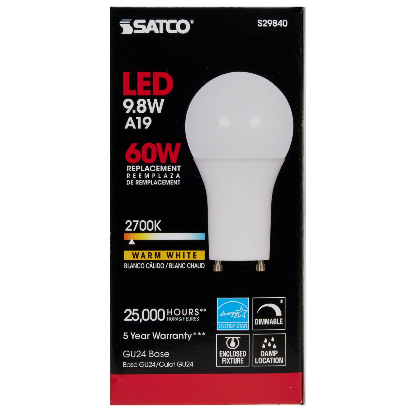 Satco 60W Equivalent Warm White A19 GU24 LED Light Bulb - 1 Each
