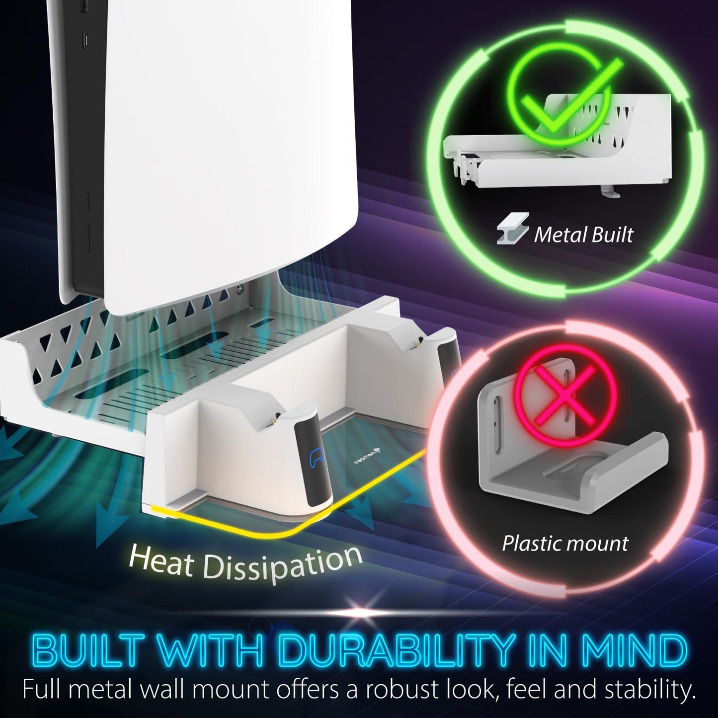 Fosmon Wall Mount Kit with Fast Charging Controller Charger Station Compatible with PS5, RGB Light, Metal Stand & Anchors Compatible with PS5 Disc