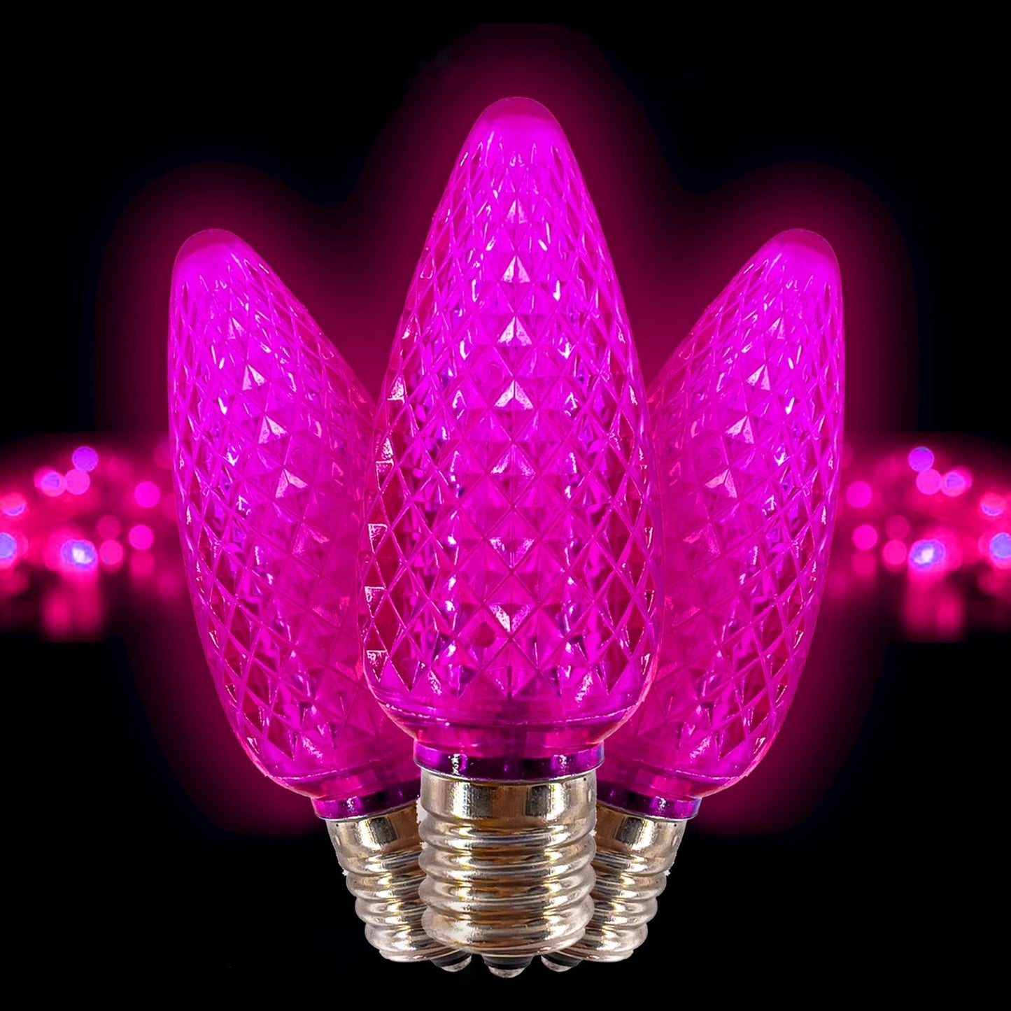MIK Solutions C9 LED Bulb (Pack of 25) LED Pink Replacement Christmas Light Bulbs Faceted Retrofit Candle Shape Commercial Grade E17 Socket Roof