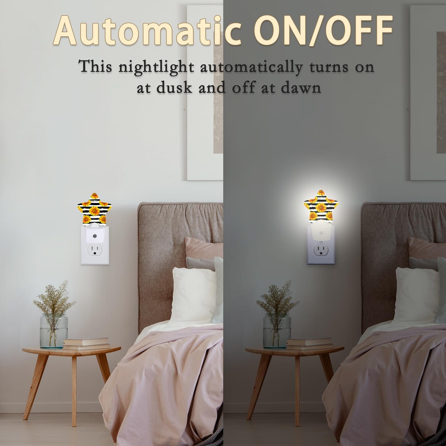 Losthll Sunflowers Plug-in Night Light Black White Grid with Dusk-to-Dawn Sensor for Bedroom,Bathroom and Living Room Sleep Friendly lamp