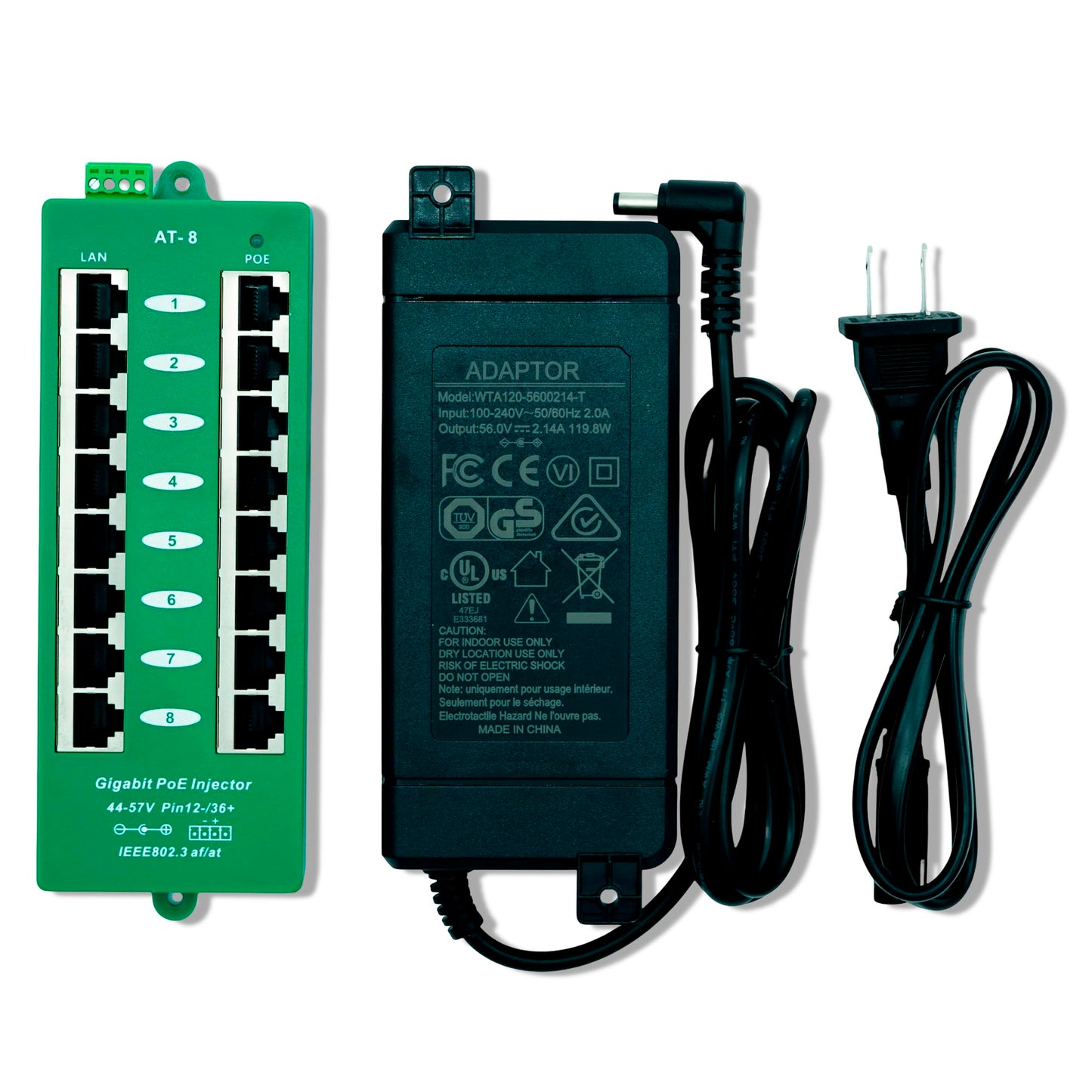 PoE Texas 8 Port PoE/PoE+ Active Mode A Injector with 56V 120W Power Supply - Add PoE+ to Any Switch or Router - 802.3at/af Compliant PoE Midspan