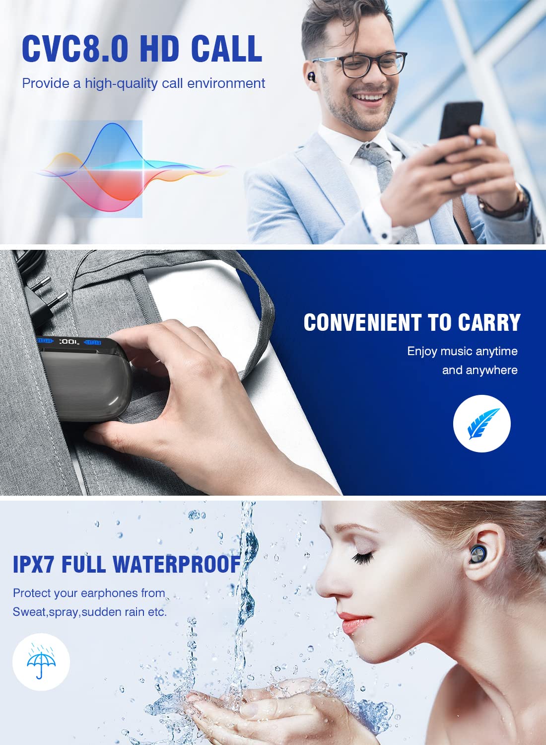 Bluetooth Earbuds Wireless 200Hrs Playback, IPX7 Waterproof, Noise Canceling LED Power Display Earphones with Charging Case, in-Ear, Headphones…