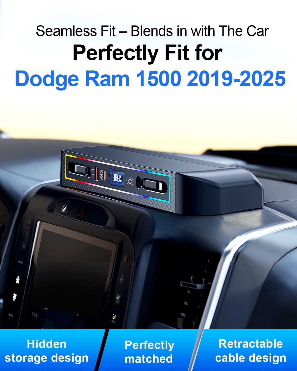 DICMKY Car Charger Docking Station for RAM 1500 (2019 2020 2021 2022 2023 2024 2025) Accessories with RGB Light, 4-Port Charging Hub with Retractable