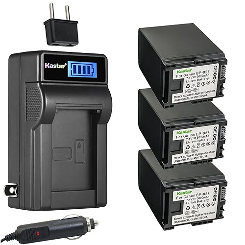 Kastar 3-Pack BP-827 Battery and LCD AC Charger Compatible with Canon VIXIA HF M306 HFM306, VIXIA HF M40 HFM40, VIXIA HF M41 HFM41, VIXIA HF M46