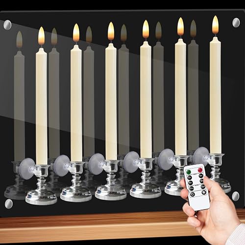 GenSwin Window Flameless Taper Candles with Remote & Timer, Battery Operated LED Candle Flickering Warm 3D Wick Light with Suction Cups, Set of 6 Real