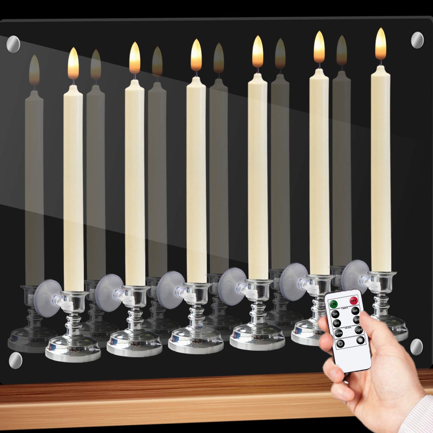 GenSwin Window Flameless Taper Candles with Remote & Timer, Battery Operated LED Candle Flickering Warm 3D Wick Light with Suction Cups, Set of 6 Real
