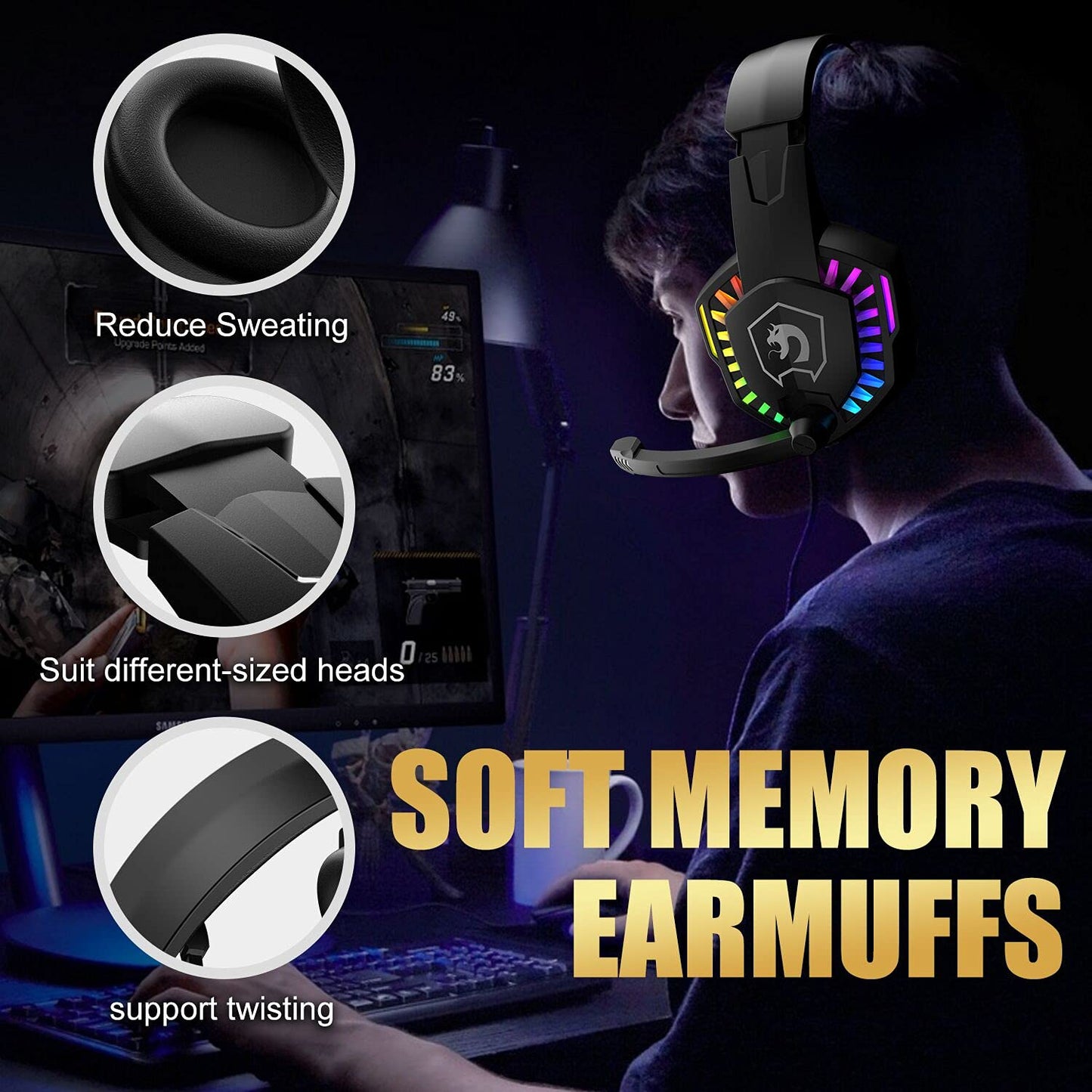 Wired Gaming Keyboard and Mouse Headset Combo,Rainbow LED Backlit Wired Keyboard,Over Ear Headphone with Mic,Rainbow Backlit Gaming Mice,Mouse Pad,for
