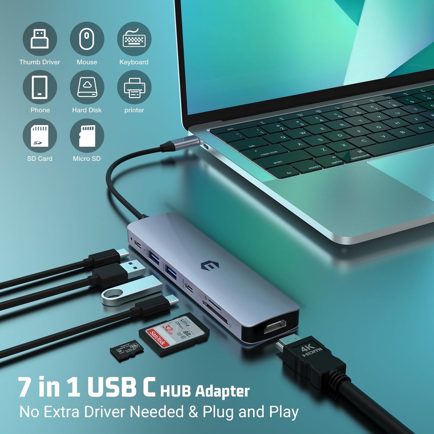 USB C HUB, Tymyp 7 in 1 Hub Adapter, HDMI Output, 100W Power Delivery, USB C 3.0, Dual USB 3.0 Ports, SD and Micro SD Card Reader, Ideal for USB C