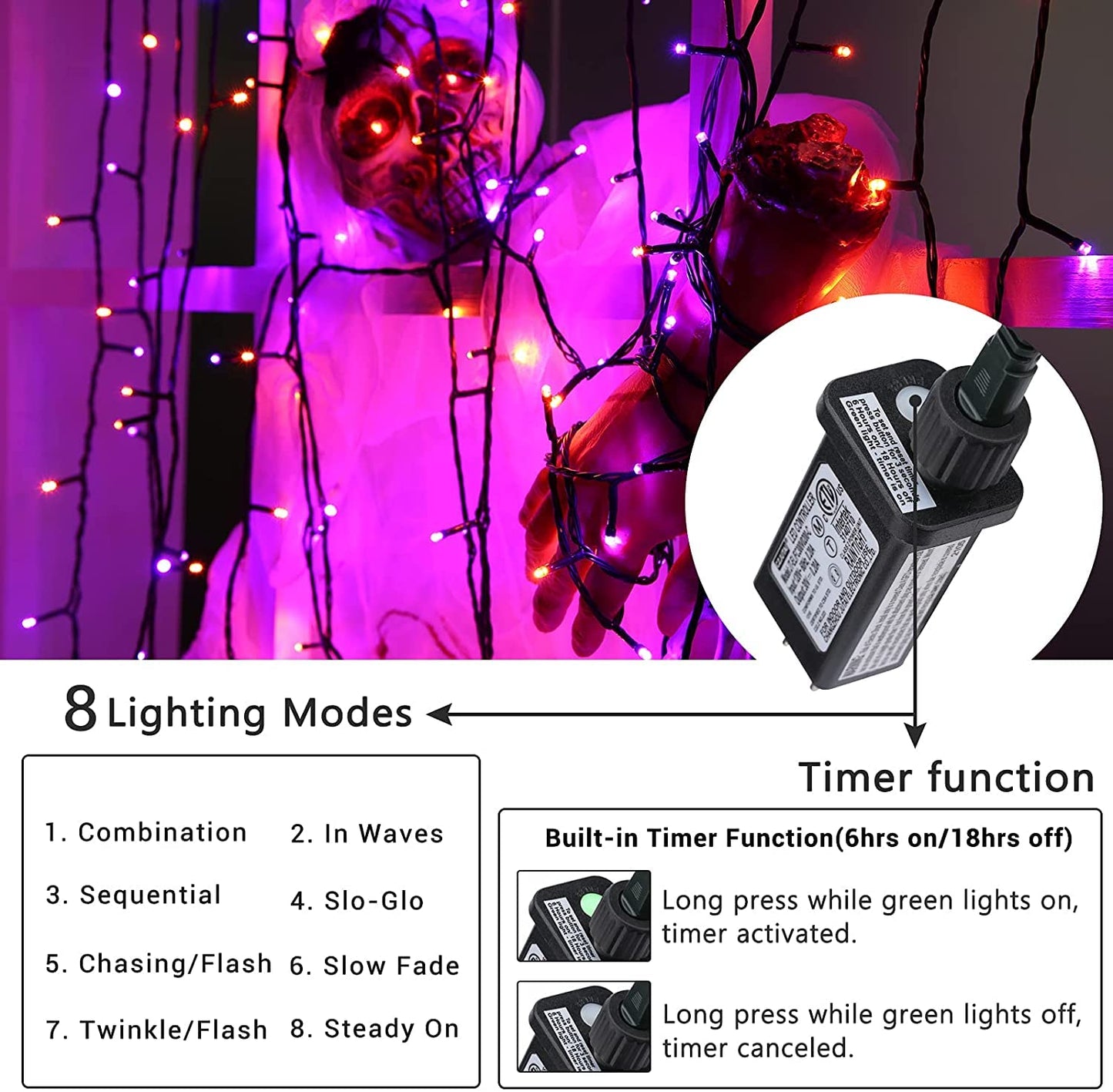 Orange and Purple Halloween Lights, 114ft 300 LED Connectable Halloween String Lights with 8 Modes, Waterproof Plug in Orange Purple Fairy Light