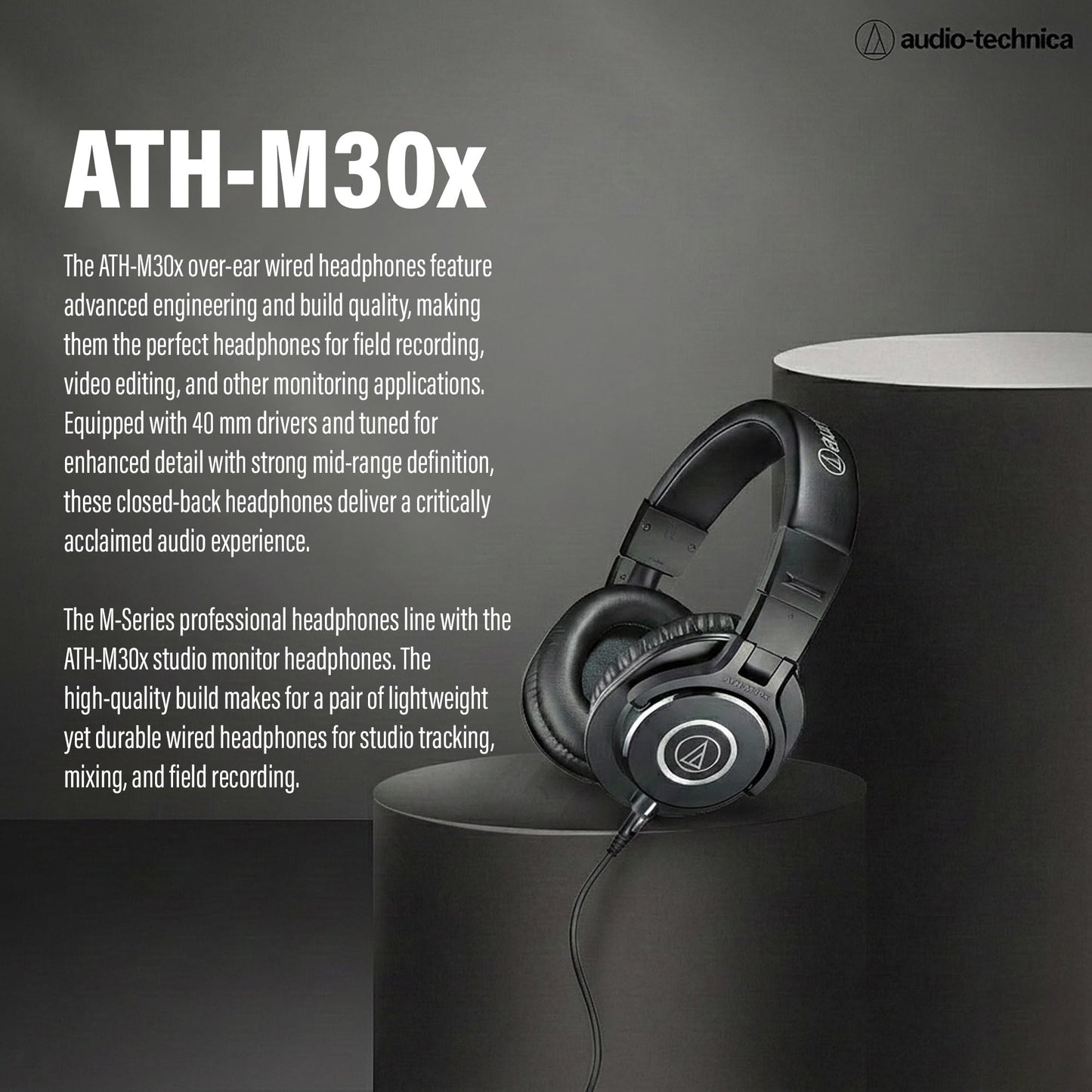 Audio-Technica ATH-M30x Professional Monitor Headphones - Black Bundle with Case, Stand, Pouch, and Austin Bazaar Polishing Cloth