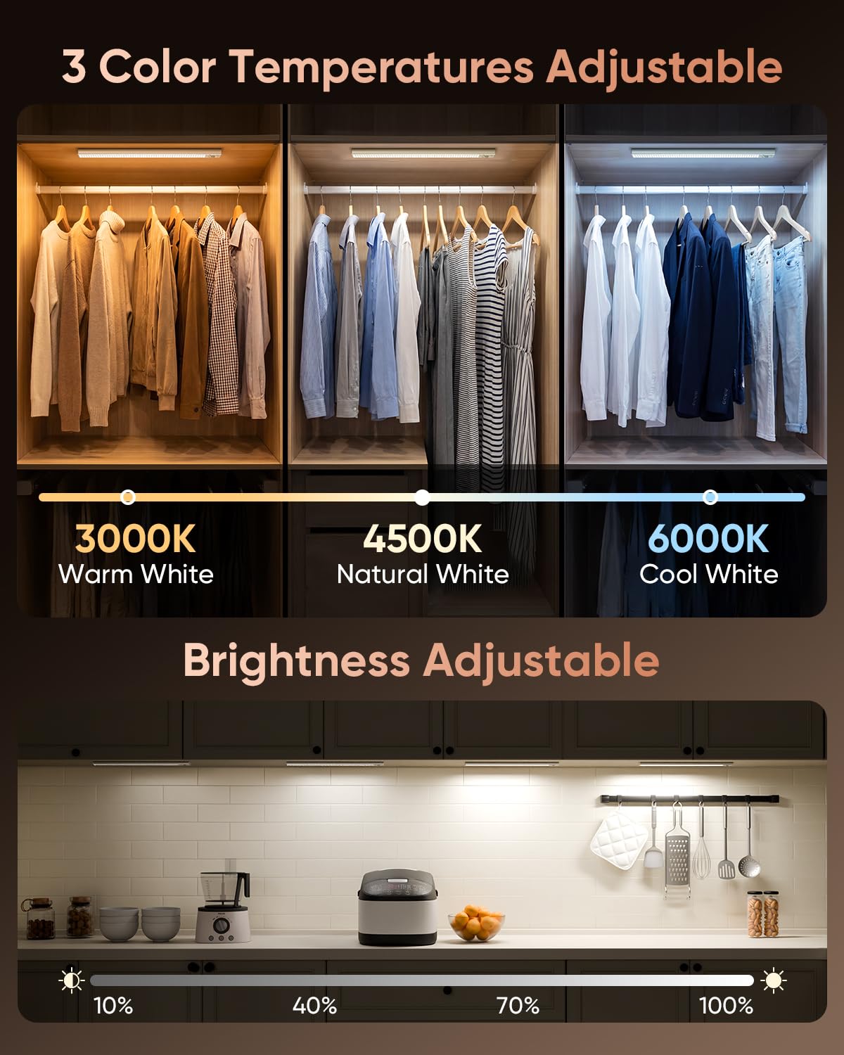 12inch Under Cabinet Lighting Wireless, 152LED Motion Sensor Light Indoor, USB Rechargeable Closet Lights, 3 Color Temps & Dimmable, Stick On Under