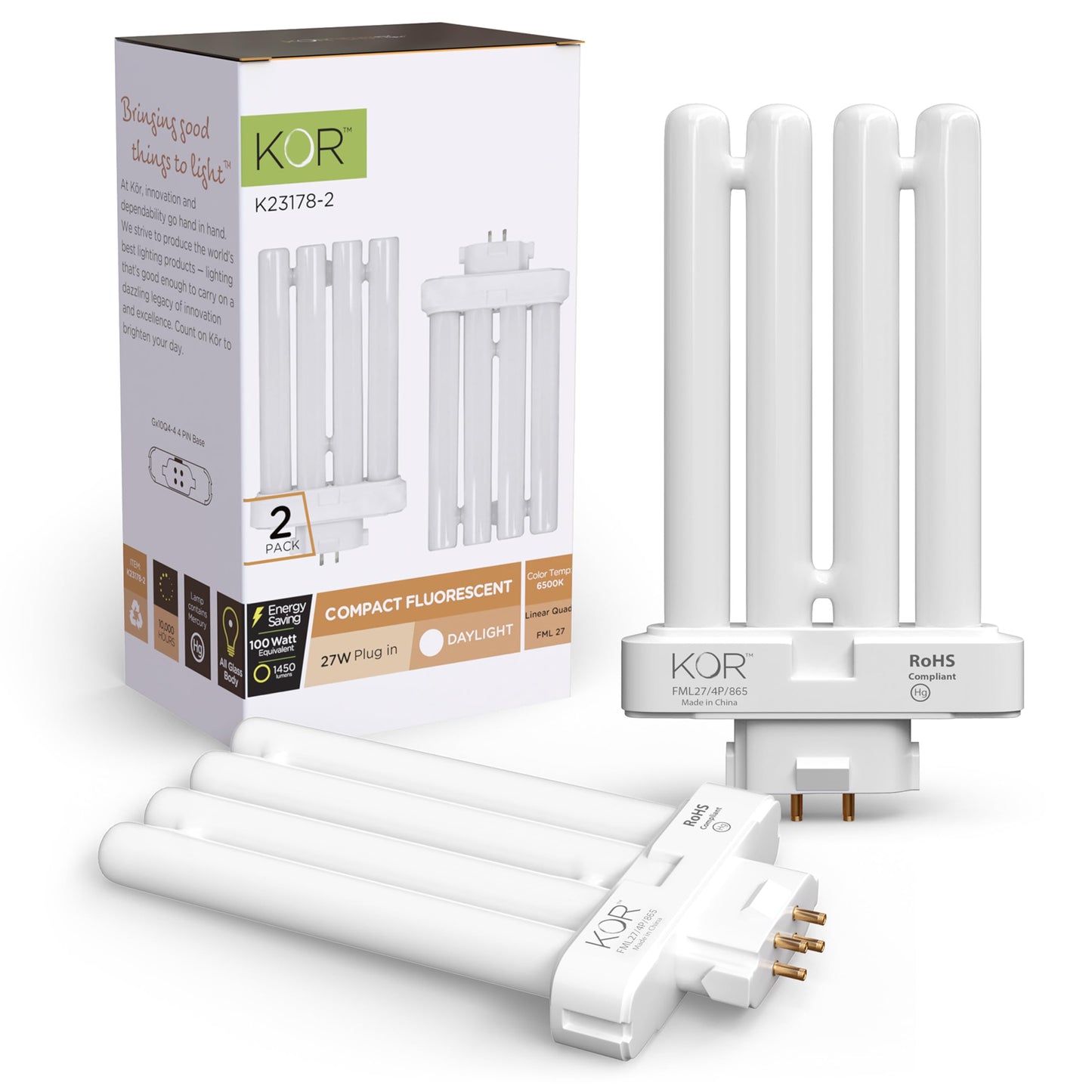 KOR FML27-65K CFL Light Bulbs, 27W, 6500K Daylight, GX10Q-4 Base, 2-Pack