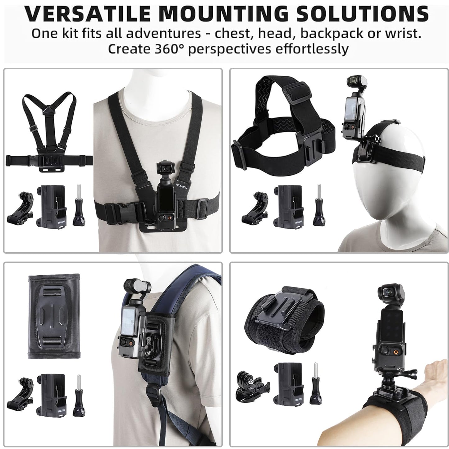 Accessories Kit for DJI Osmo Pocket 3, Quick Release 4 in 1 Chest Mount Head Strap Harness Backpack Strap Mount Wrist Strap, Wearable Border Frame