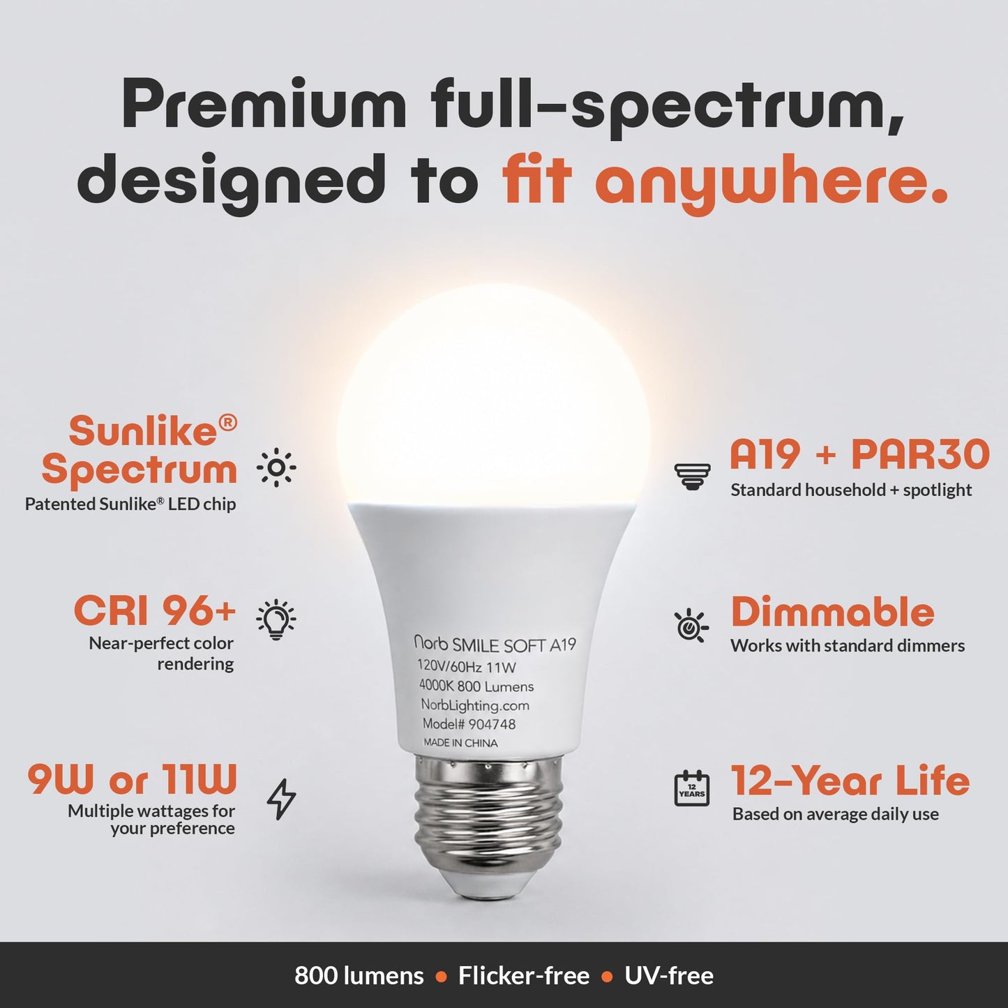 Norb NorbSMILE Soft Full Spectrum Light Bulb | US Patented | A19 LED Bulb & 11W 800 Lumens | 4000K Soft Daylight White, CRI 96 & Dimmable E26 Base |