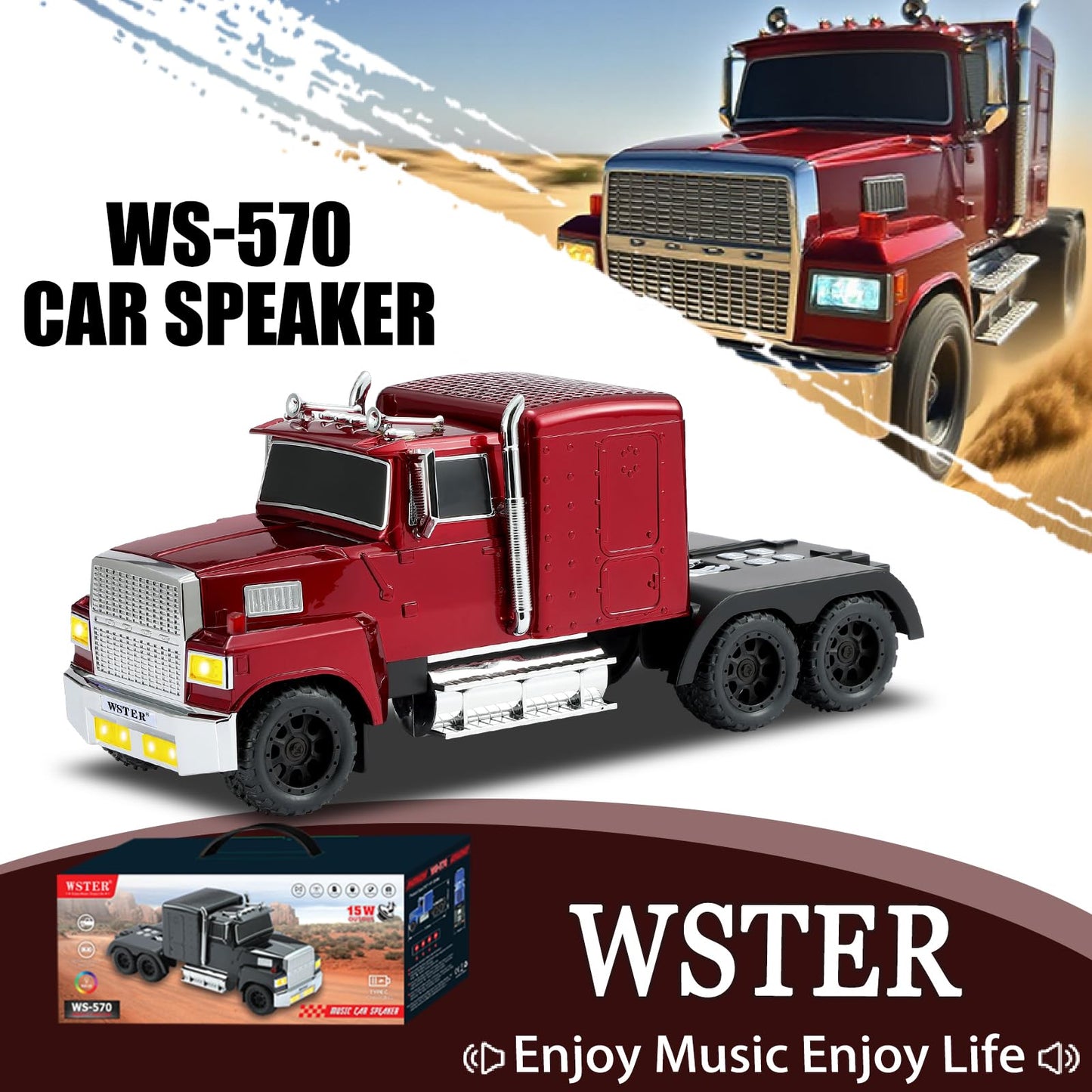 WS-570 Retro American Truck Model Bluetooth Replica Speaker - Portable HD Sound, TWS Stereo,FM Radio,LED Party Lights,Built-in Microphone