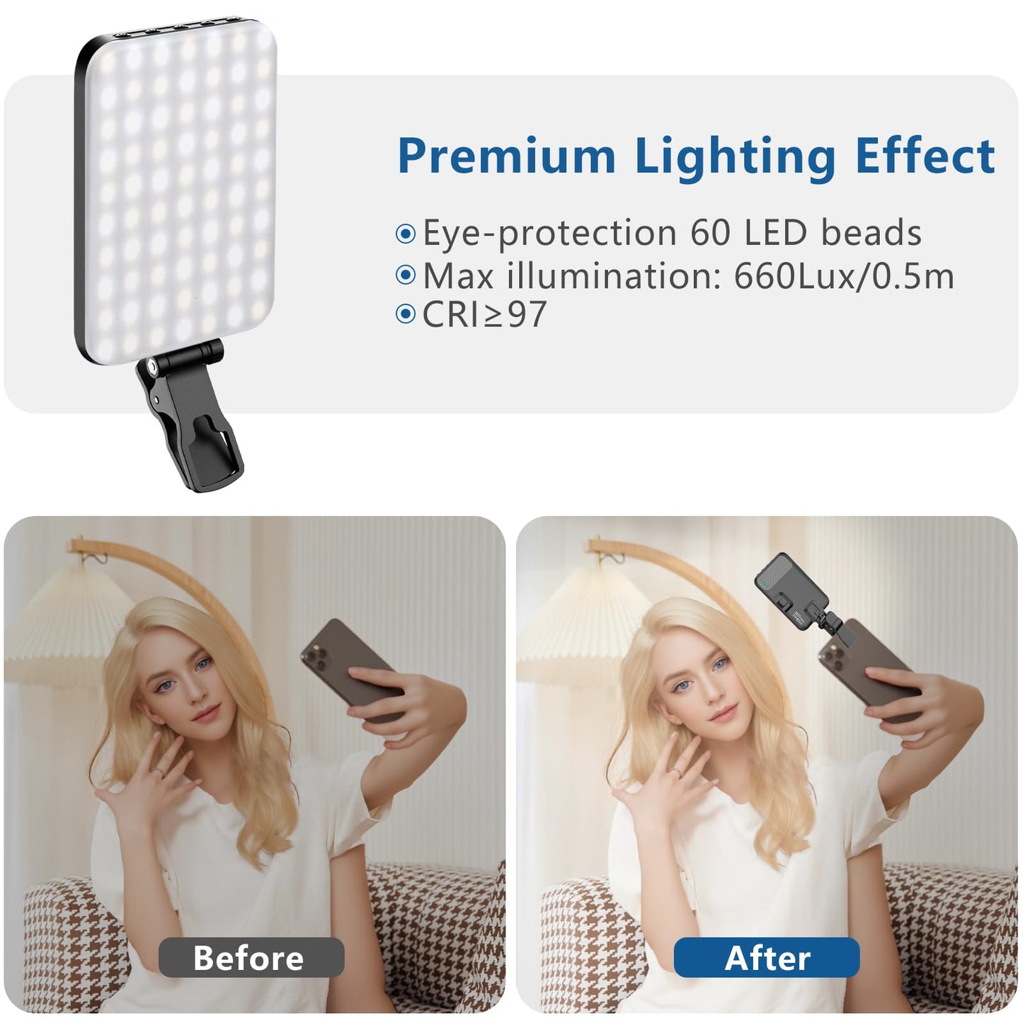 ALTSON 60 LED Portable Selfie Light Video Conference Lighting with Clip & Camera Tripod Adapter Rechargeable 2200mAh CRI 97+, 3 Light Modes for Phone