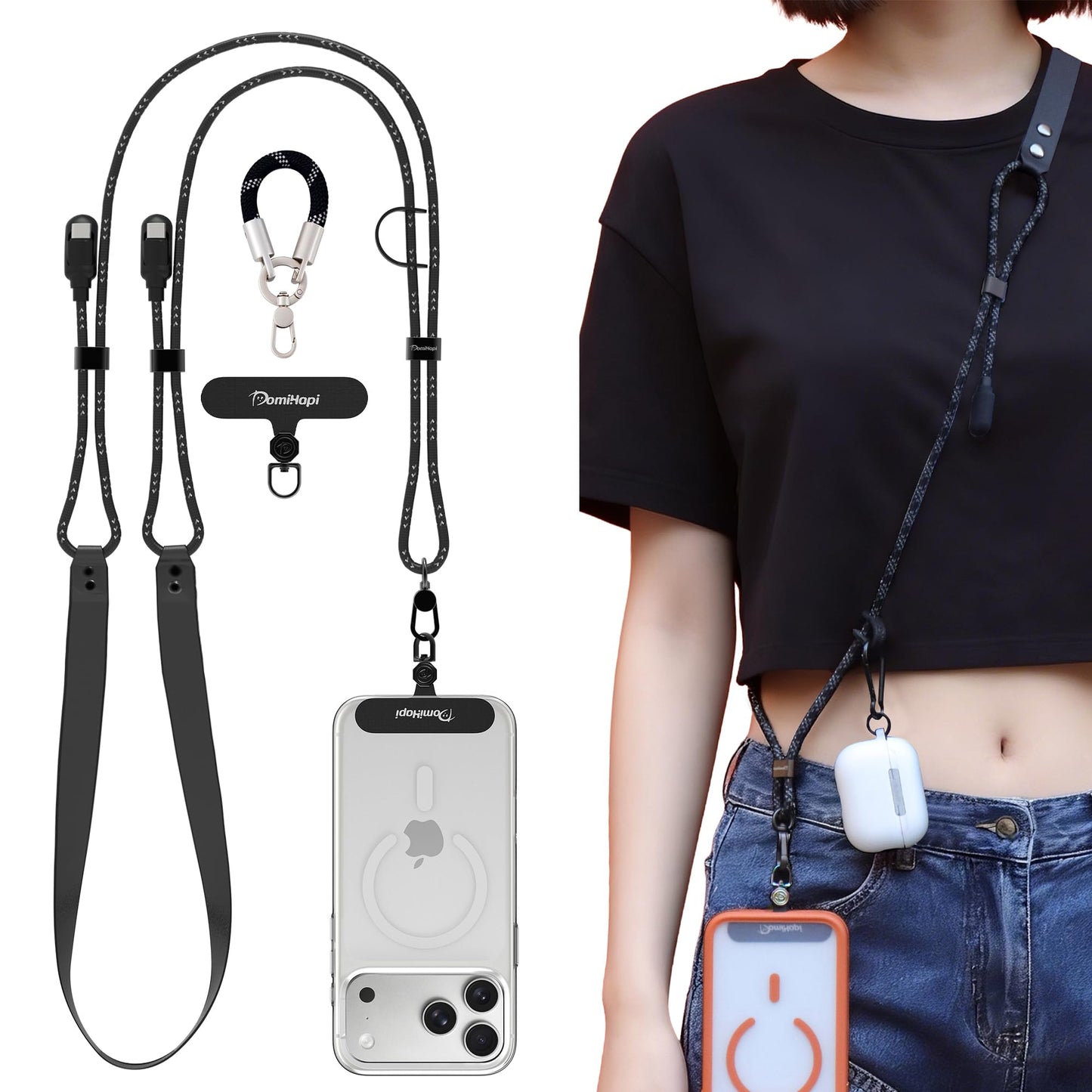 DomiHapi Phone Lanyard, 65W Fast Charging USB-C Data Cable Lanyard, Adjustable Crossbody Neck Strap, Anti-Loss Neck Lanyard, Compatible with iPhone