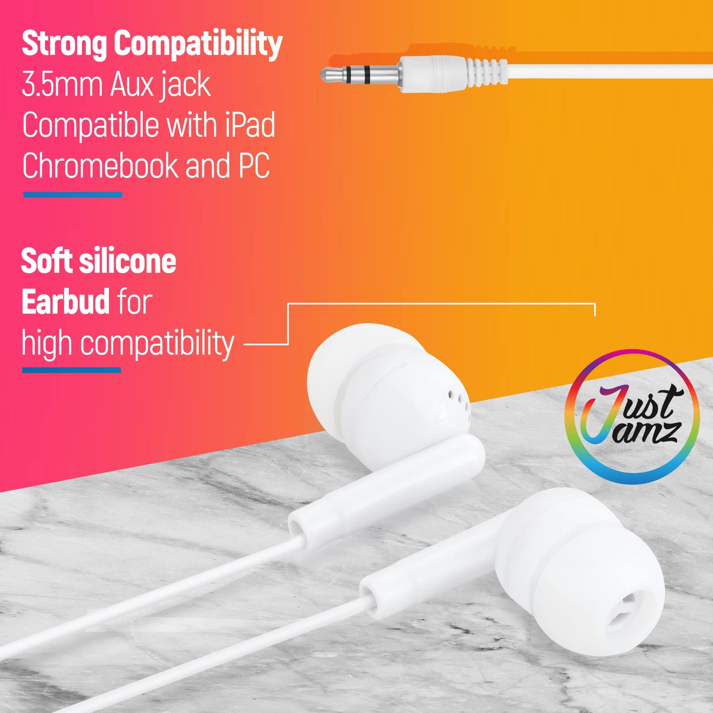 JustJamz Pearl White Bulk Headphones 100 Pack - Wired Earbuds Bulk for Classroom, Schools, and Students - Disposable Ear Buds for Kids and Adults
