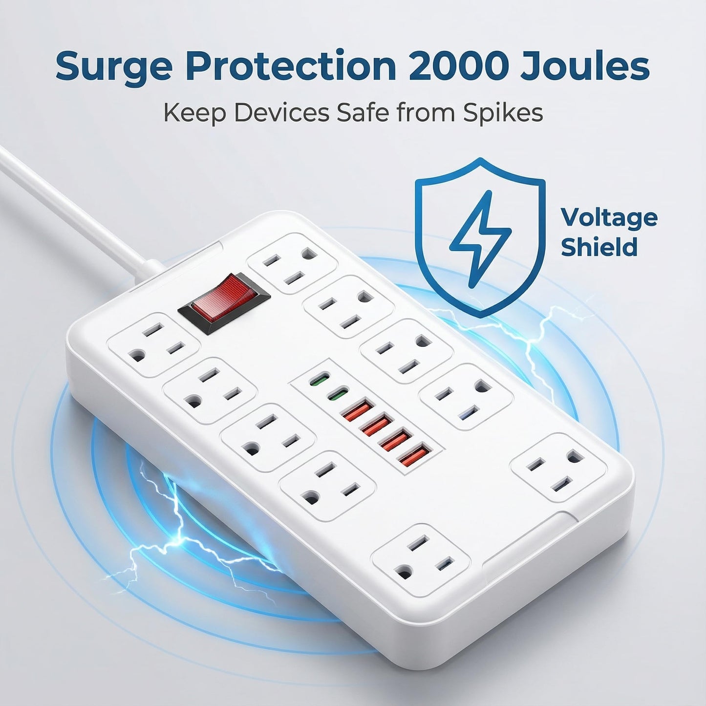 Surge Protector Extension Power Strip Cord Plug, 10 Widely Spaced Outlets and 6 USB Charger(2 USB C Port), 6 Ft, for Travel, Office, Dorm Room