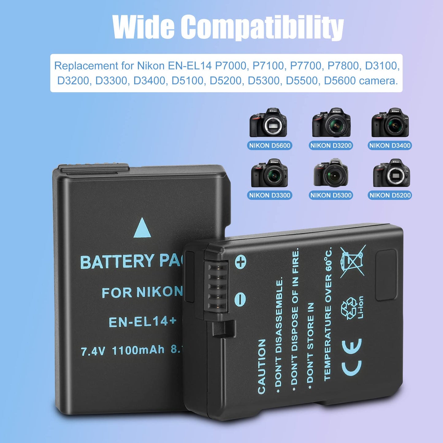2-Pack EN-EL14 EN-EL14a Replacement Battery Dual USB Charger Set Compatible for Nikon D3200, D5600, D3500, D3300, D3400, D3100, D5100, D5200, D5300