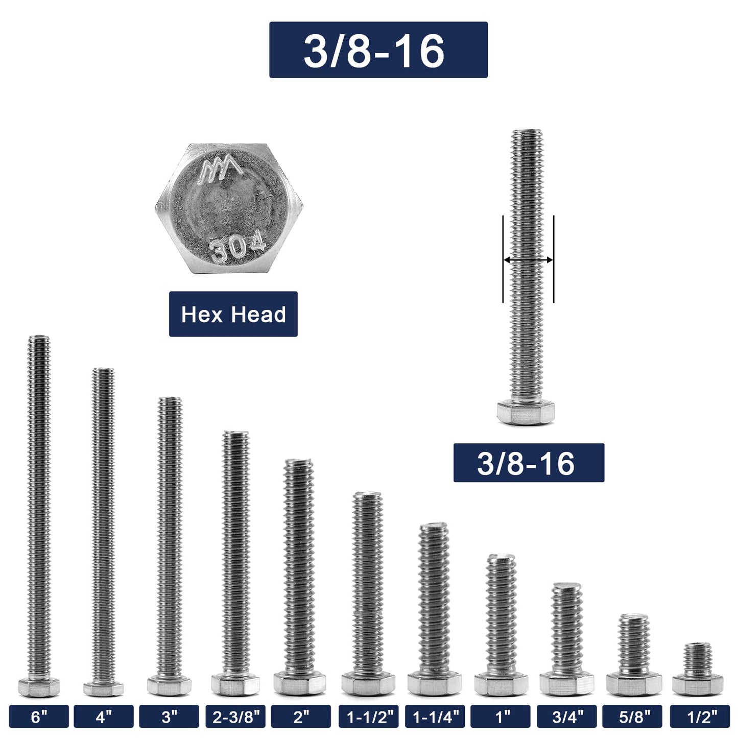 3/8-16 x 1 Hex Head Screw Bolt, 20Pcs 18-8 (304) Stainless Steel, Fully Threaded, Plain Finish, by SG TZH