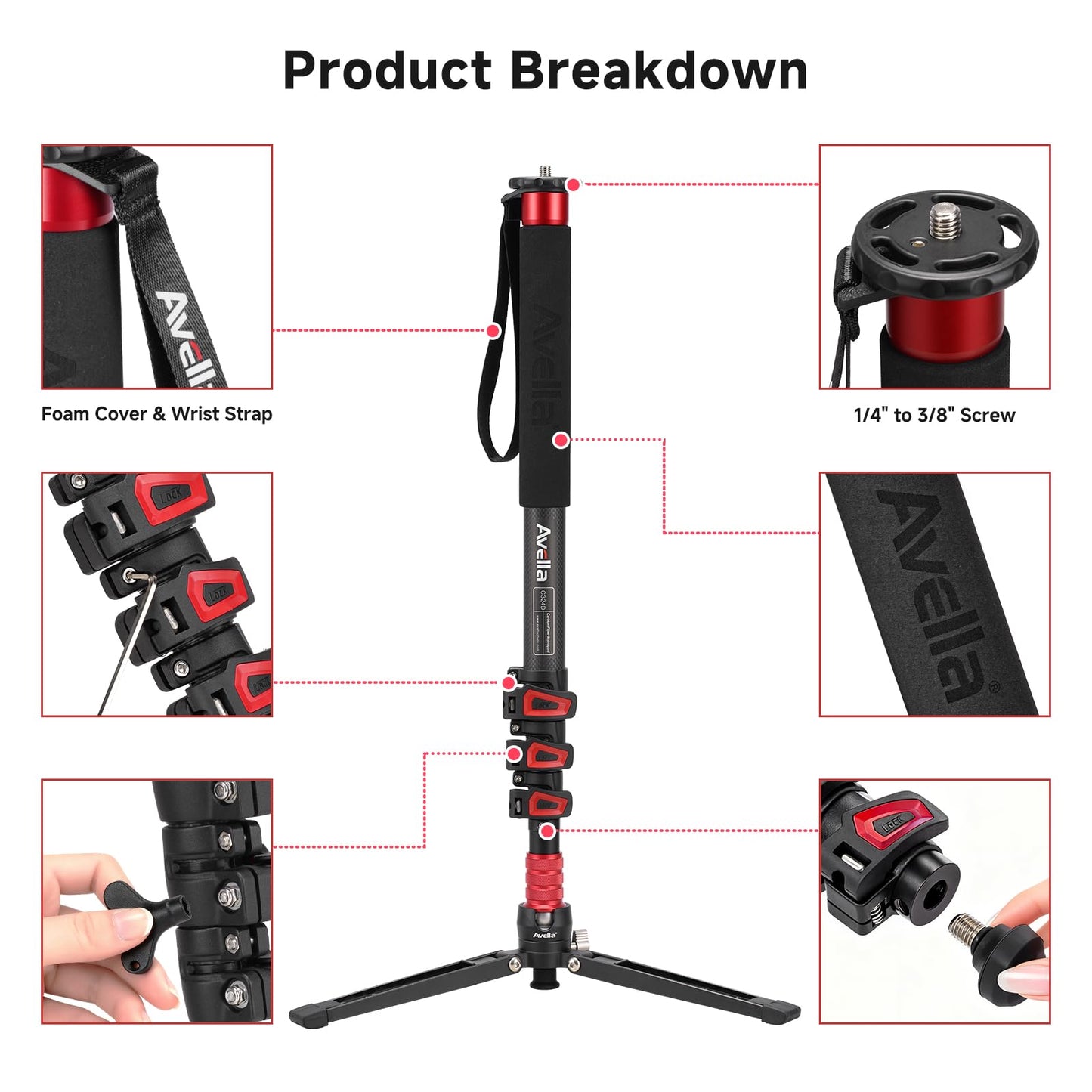 Avella C324D Carbon Fiber 67 Inch Camera Monopod Professional Telescopic Video Monopods Base Tripod for Canon Nikon Sony Olympus Panasonic DSLR Camera