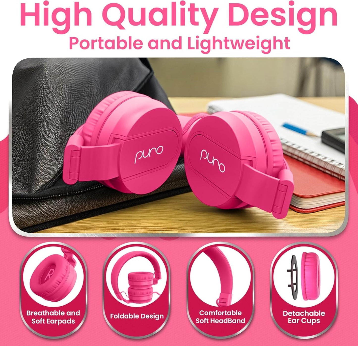 Puro Sound Labs - Kids Headphones, Volume-Limiting 85dB, PuroBasic, Pink