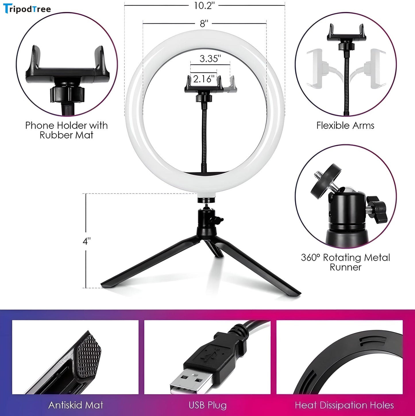 TRIPODTREE 10" Selfie Ring Light with 4" Desktop Tripod Stand & 1 Phone Holder, LED Ringlight with Dimmable Modes(RGB)