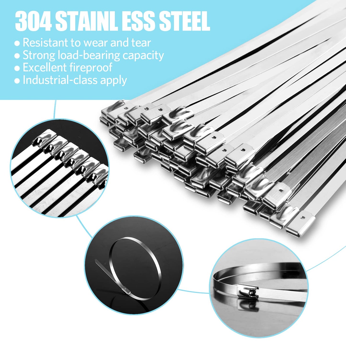 100PCS 11.8Inch Metal Cable Zip Ties - 304 stainless steel Heavy Duty Self-locking Cable Wire Tie Wrap for Fence Exhaust Wrapping Car Outdoor Canopy