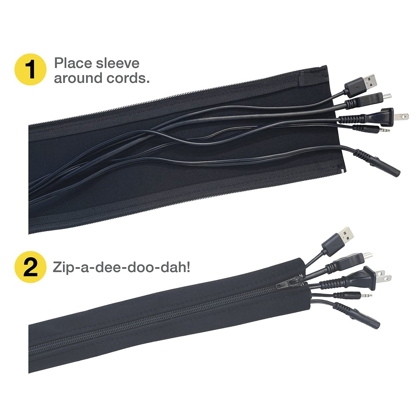 Zipper Cable Sleeve by Wrap-It Storage - 36" x 4" (2-Pack) Black - Cord Organizer and Cable Protector for Desk, Computer, TV Cord Management to Hide