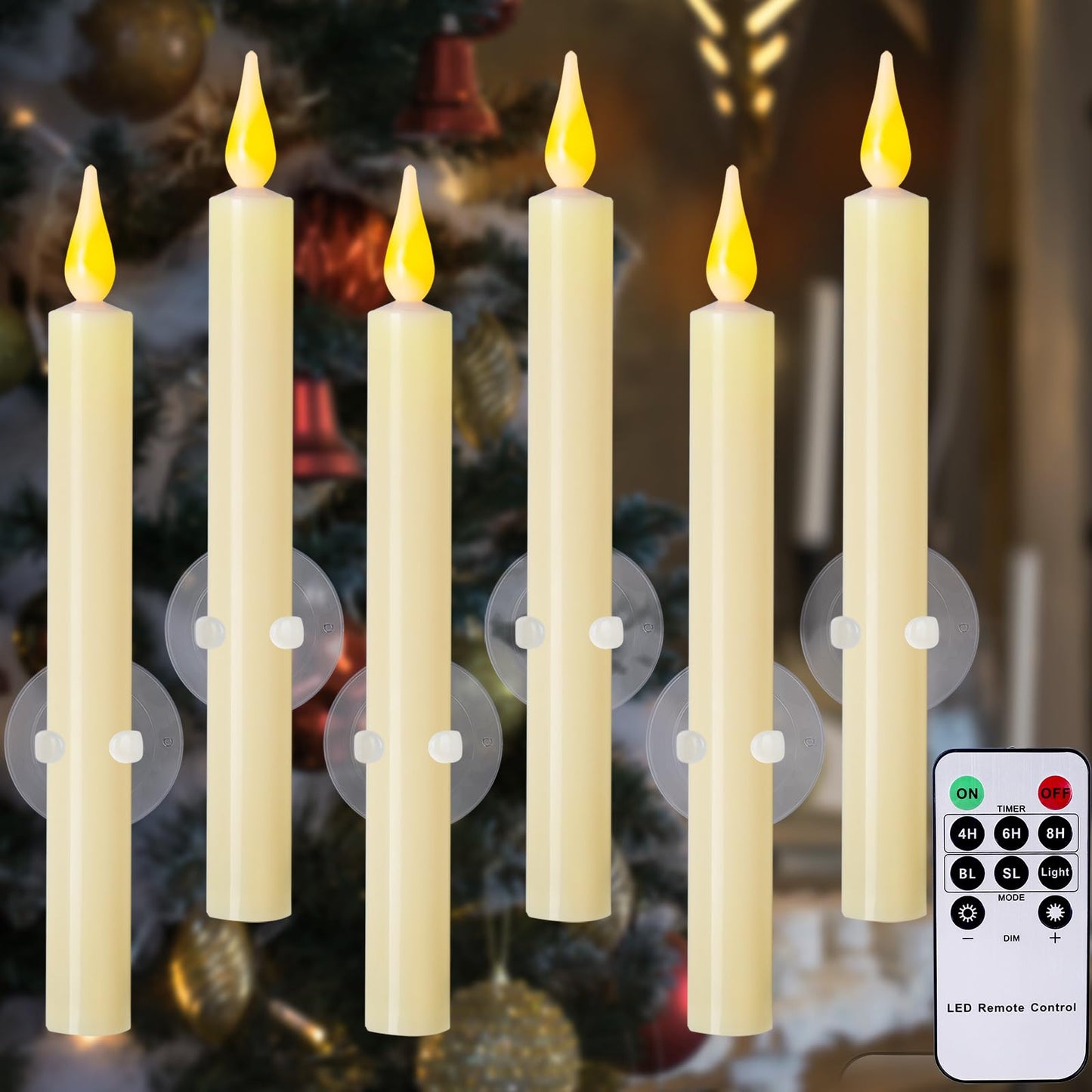 cosylive Christmas Window Candles with Remote Timer, Flameless Taper Candles with Suction Cups and Magnetic Base Battery Operated Flickering Candle