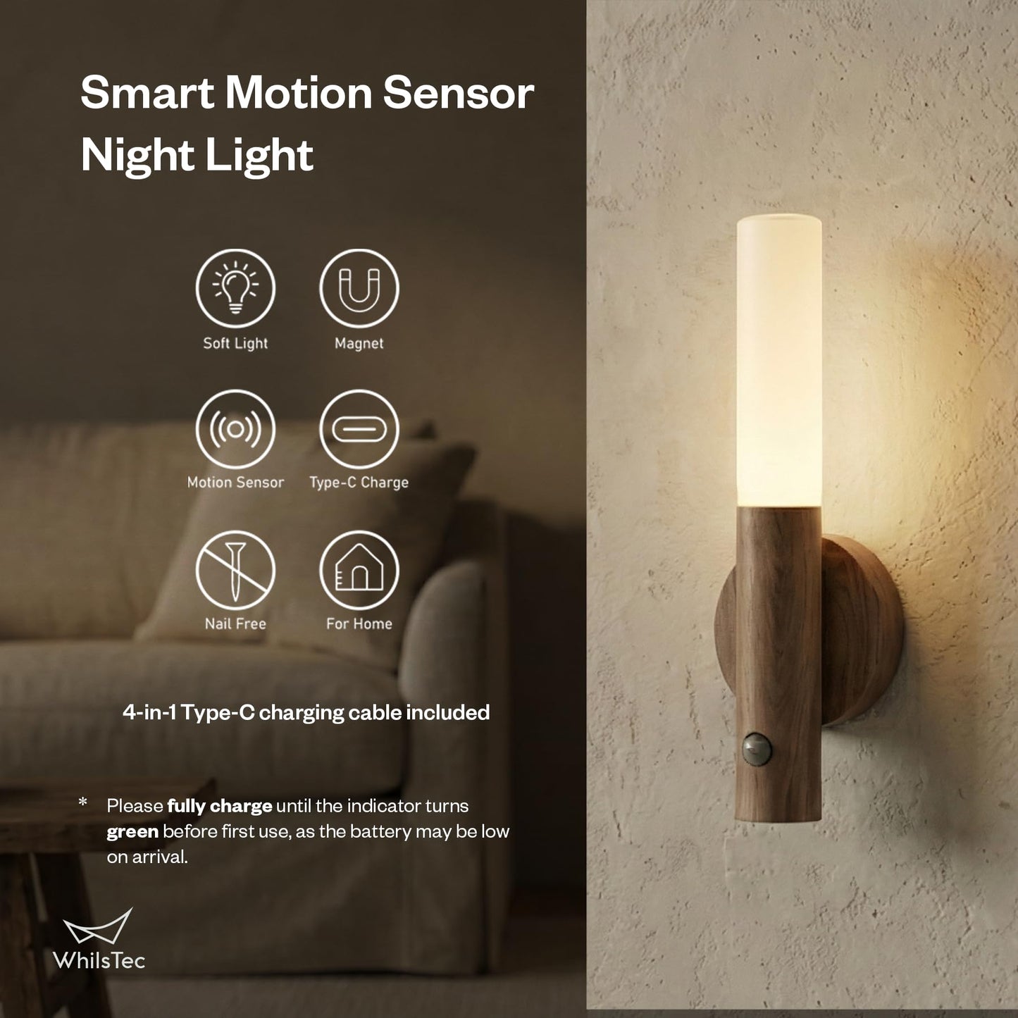 WhilsTec Motion Sensor Night Lights - 4 Pack Rechargeable Magnetic LED Sconces for Bedroom, Hallway & Picture Lighting + 4-in-1 Charging Cable (Walnut