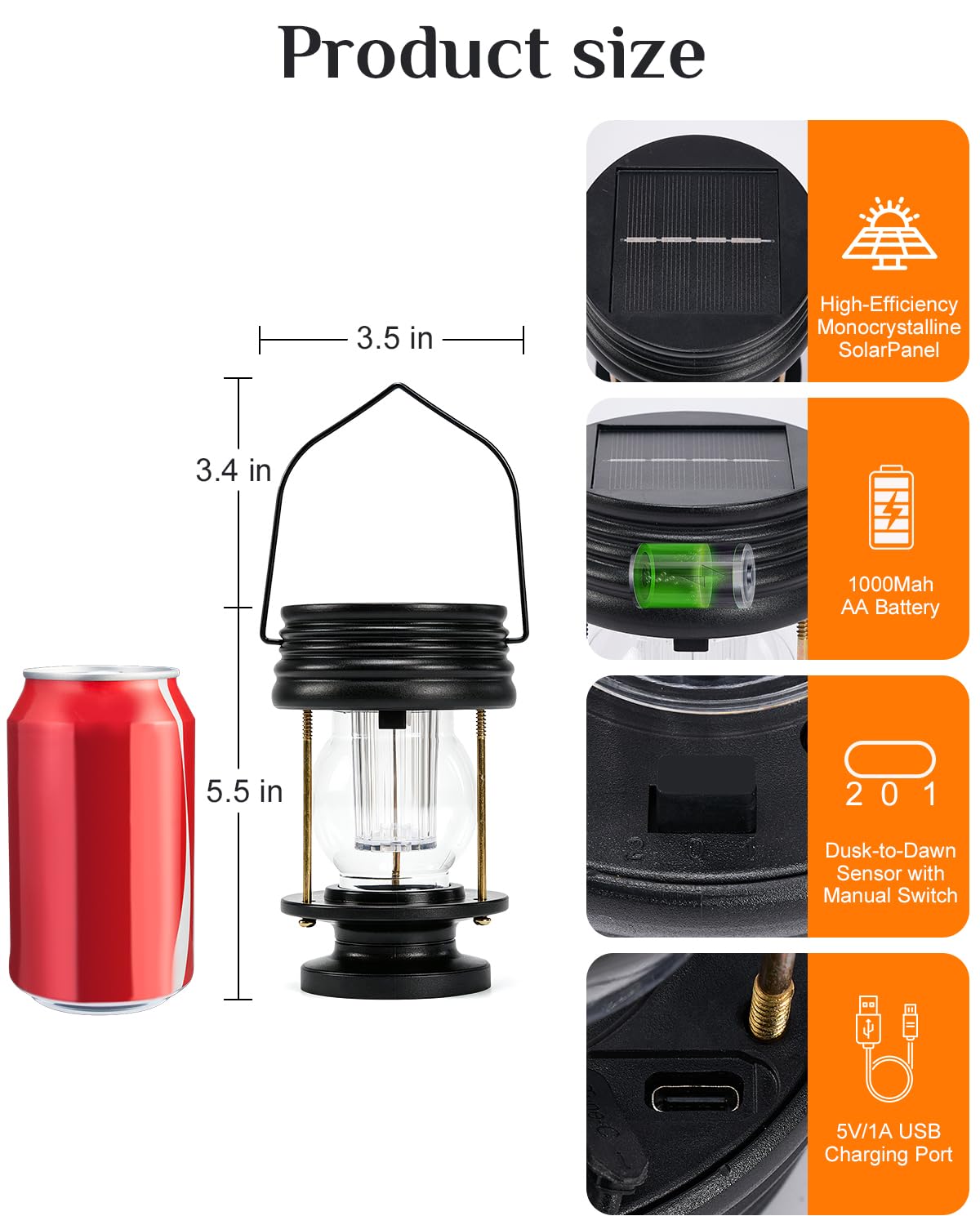 Solar Lanterns Outdoor Hanging Lights, Upgraded Dual Solar & USB Charging, Adjustable Light Sensor, Retro Waterproof Table Lamp for Garden Yard