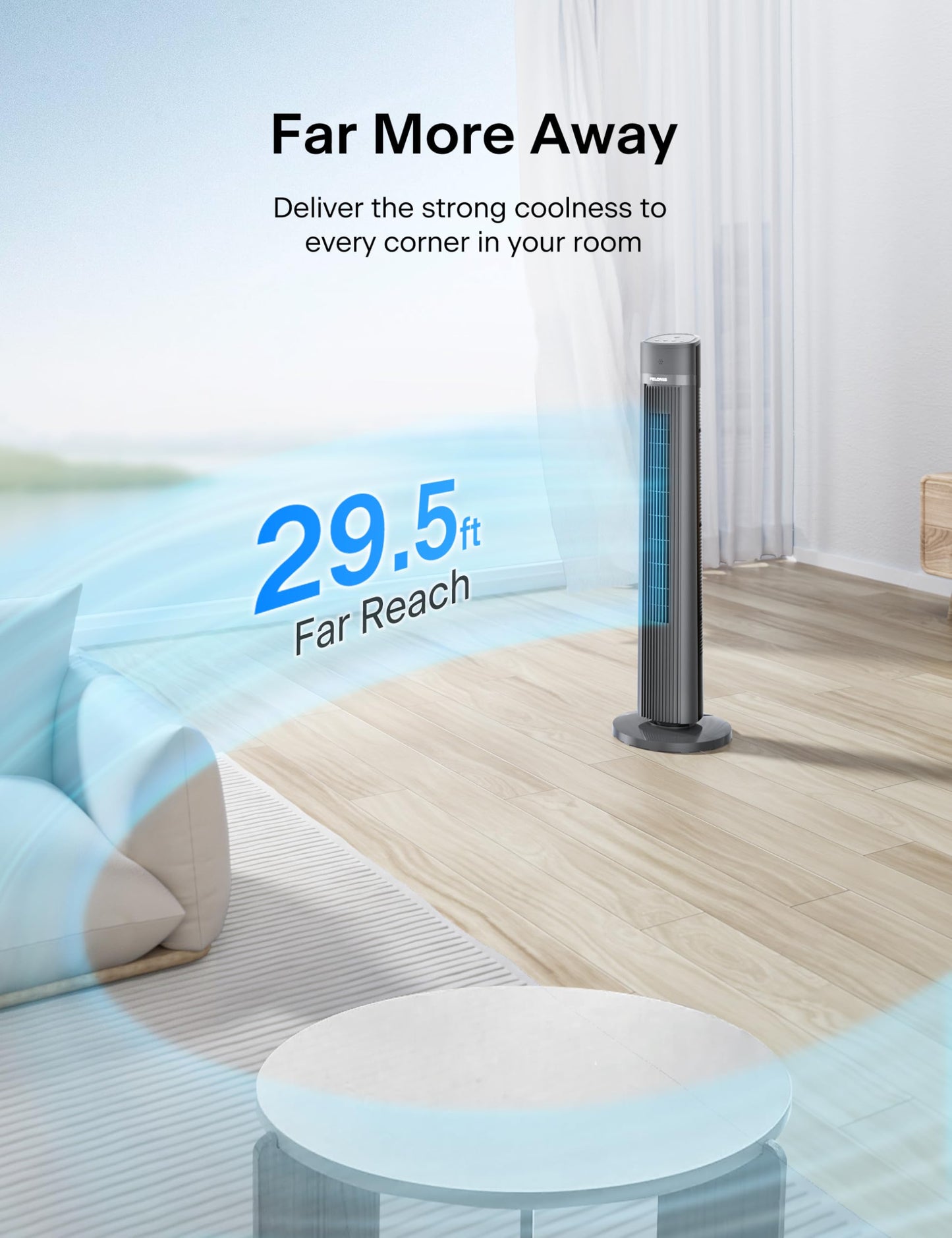PELONIS 40-inch Bladeless Tower Fan for Bedroom, Standing Fan with Remote Control, 26ft/s, 90° Oscillation, 3 Speed Settings, 27 dB, 3 Modes, 15-Hour