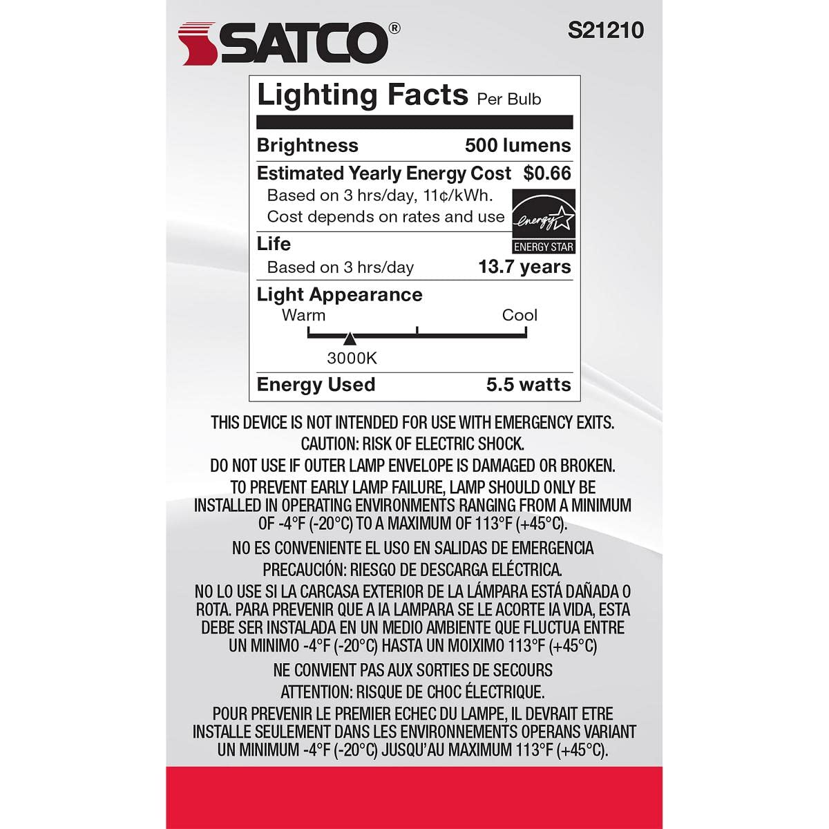 Satco S21210, B11 LED Light Bulb, E12 Base, 3000K, Clear, Replacement Bulb