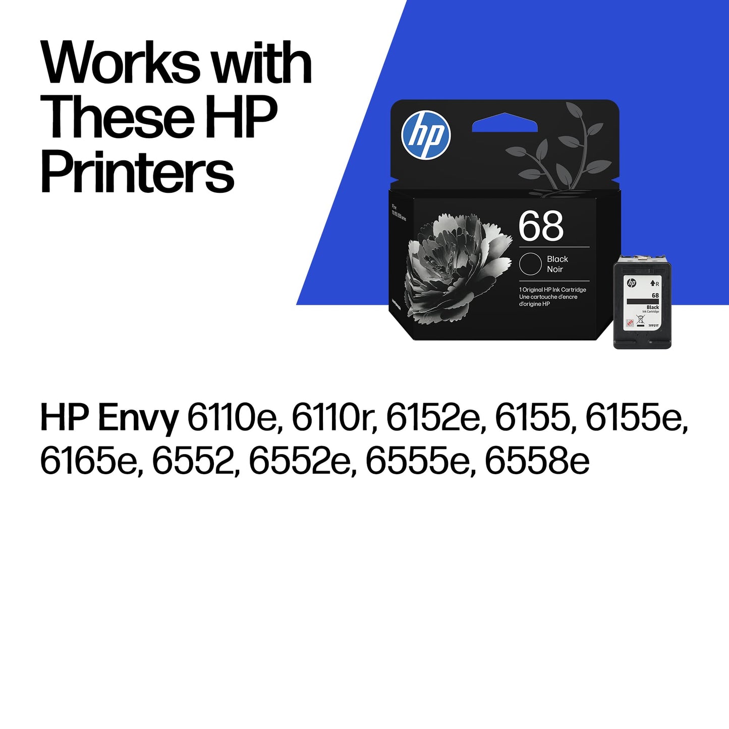 HP 68 Black Ink Cartridge | Works with Envy 6100e, 6500e Series | 7FP21TN