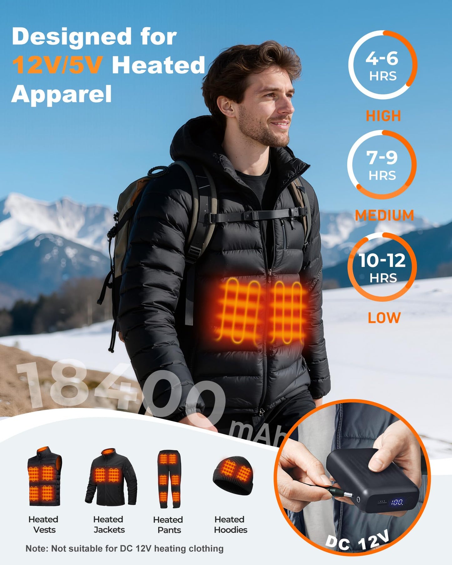 HIMONI 12V/5V 2A/3A 18400mAh Heated Jacket Battery Pack for SOLJIKYE, Genovega, Wulcea, Portable Power Bank for Heated Blanket,Jackets, Camping Chair