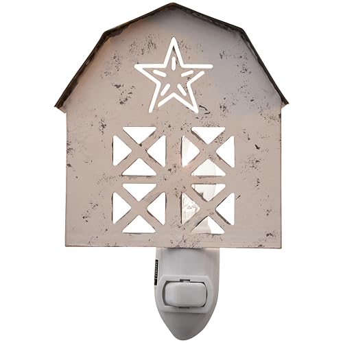 Park Designs Distressed White Barn Night Light | Rustic Metal Plug-in Accent with Star & Window Cutouts | Soft Neutral Illumination | Farmhouse