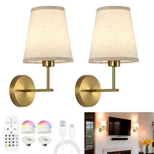 Battery Operated Wall Sconces Set of Two, Dimmable Rechargeable Battery Wall Light with RGB Bulb, Rechargeable Wall Mounted Sconce Lamp with Remote