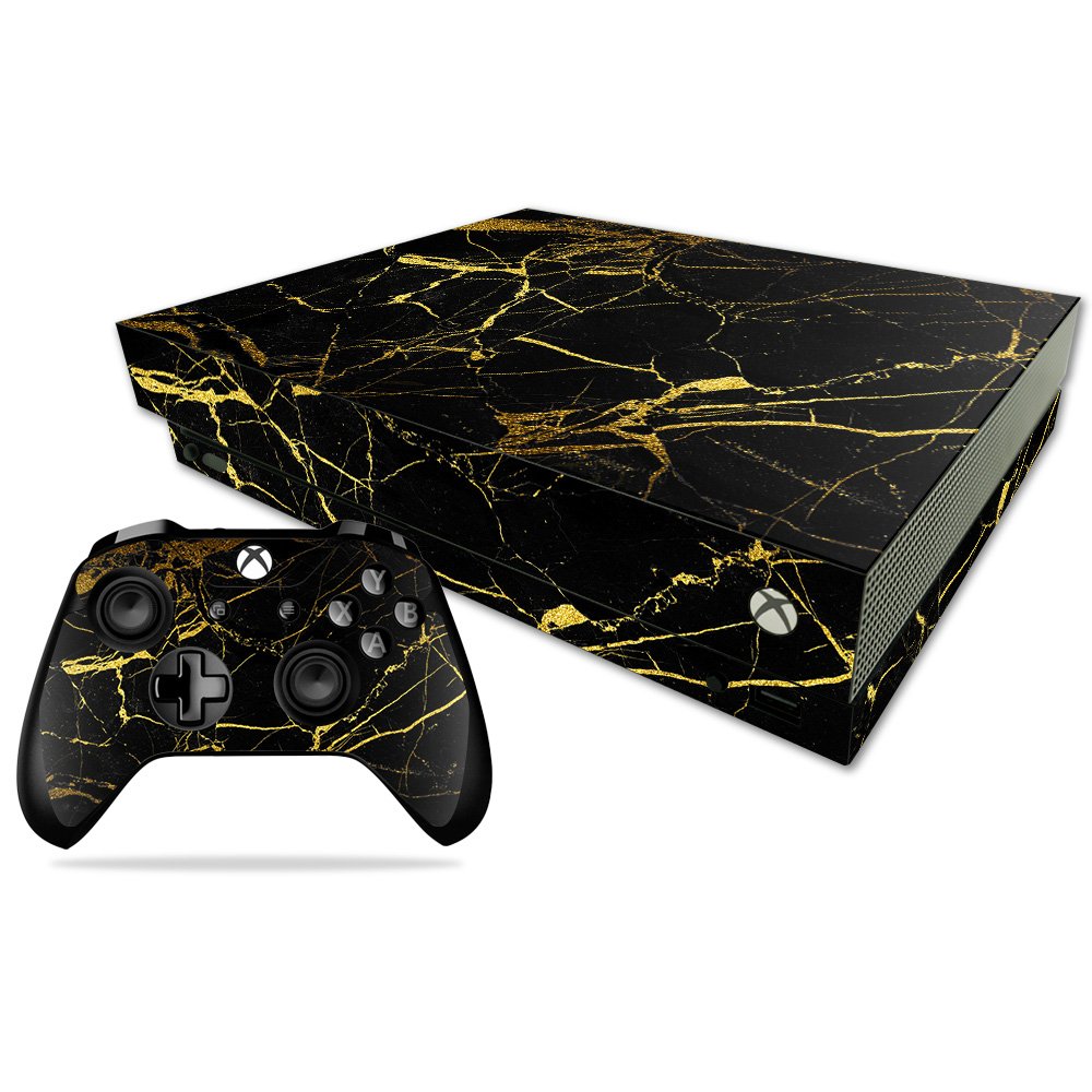 MightySkins Skin Compatible with Microsoft Xbox One X - Black Gold Marble | Protective, Durable, and Unique Vinyl Decal wrap Cover | Easy to Apply