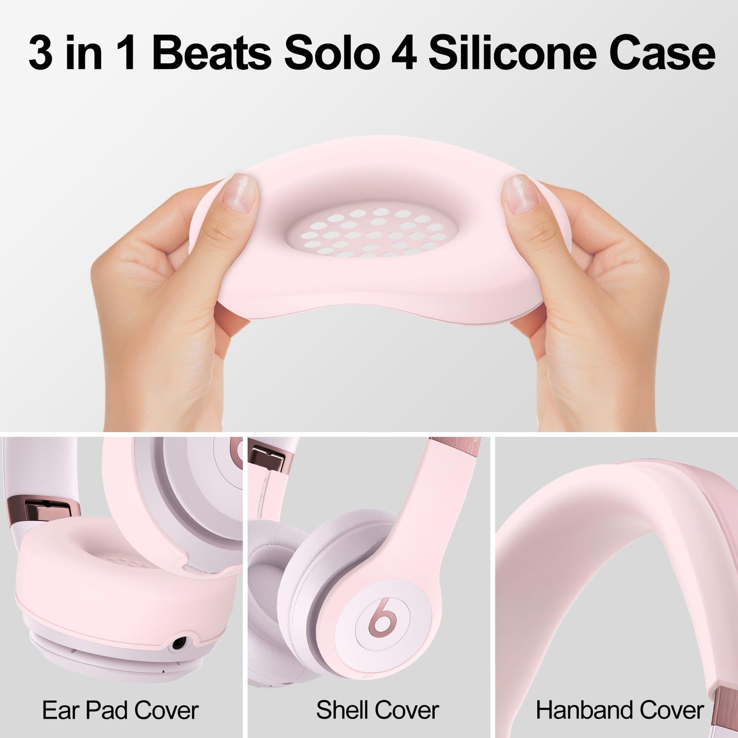 3 in 1 Beats Silicone Case for Solo 4 Headphones, Protective Covers for Shell/Ear Pad/Headband - Pink