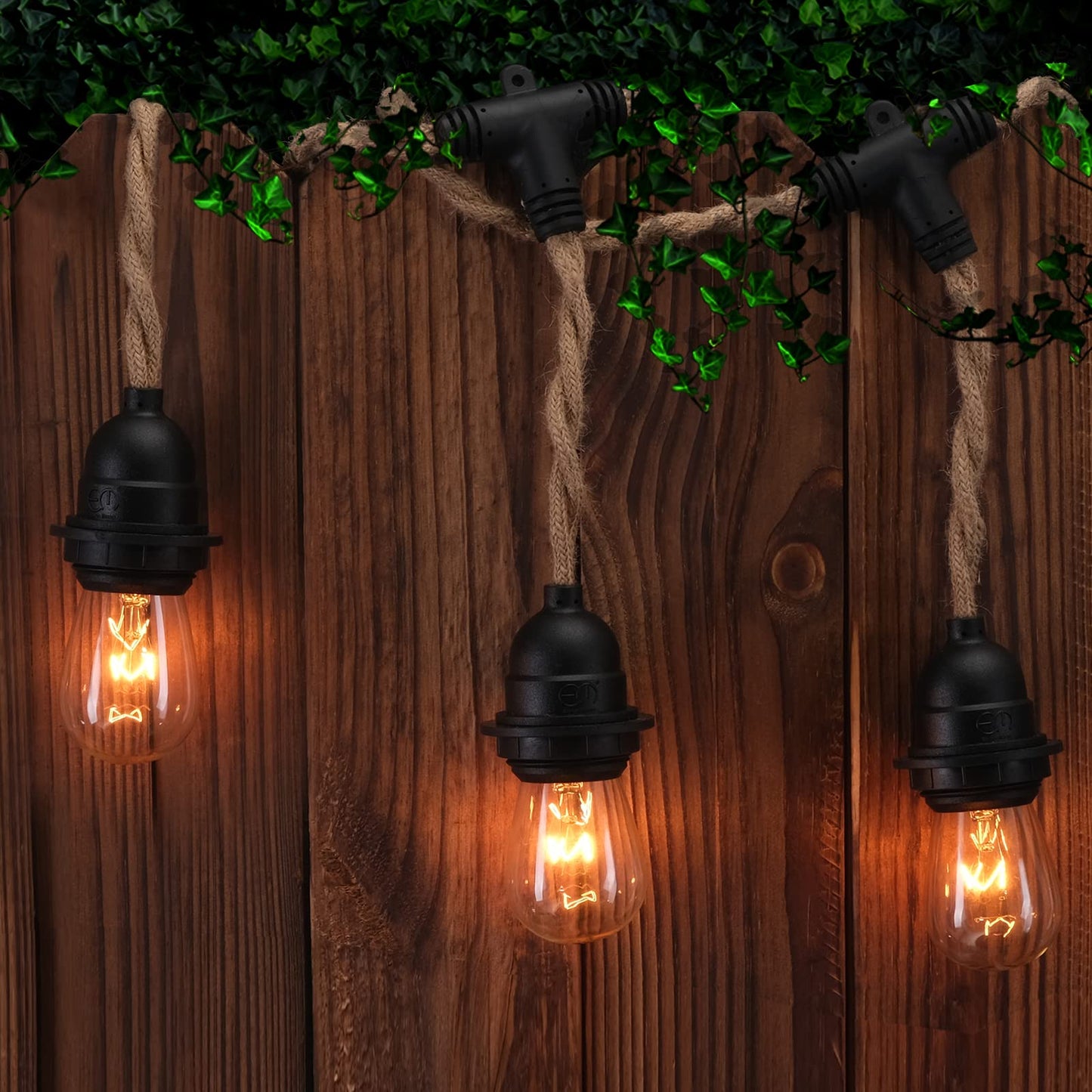 EE Eleven Master 48 FT Hemp Rope Outdoor String Lights Waterproof Patio Lights with 15 Shatterproof Heavy-Duty Commercial Grade Connectable